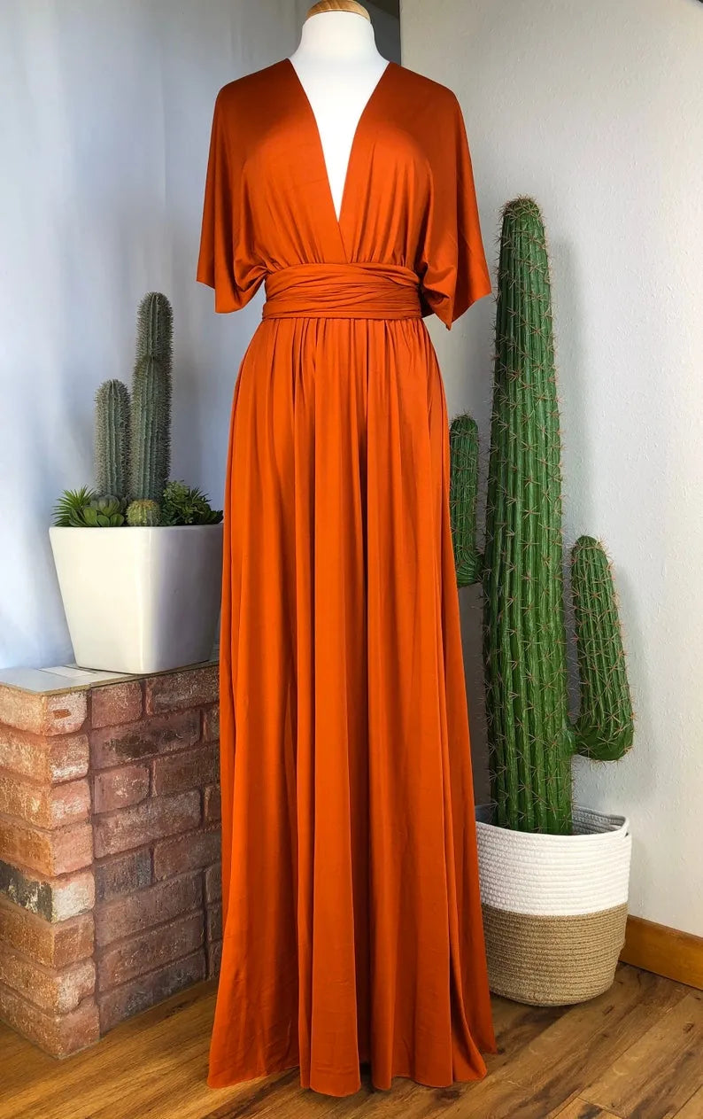 Orange Deep V-Neck Jersey A-Line Long Bridesmaid Dress