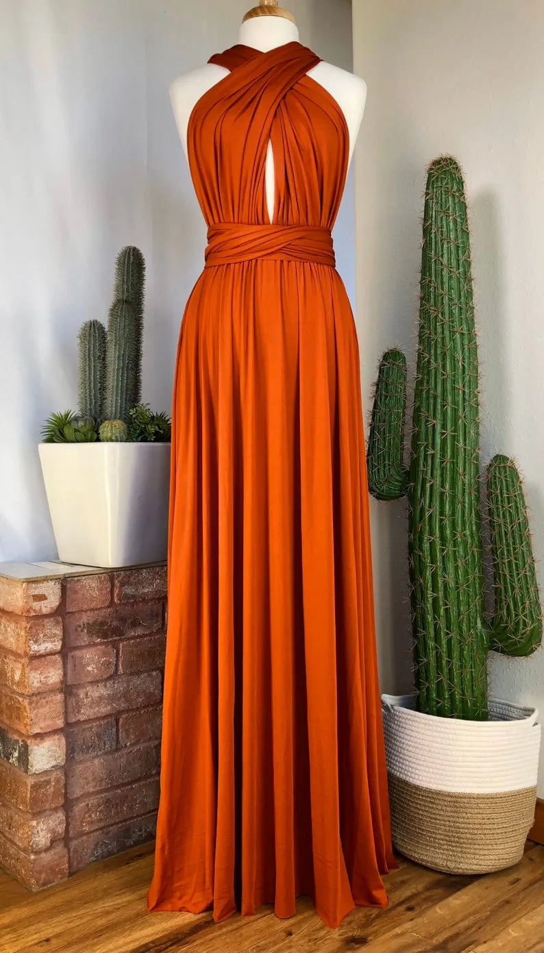 Orange Deep V-Neck Jersey A-Line Long Bridesmaid Dress