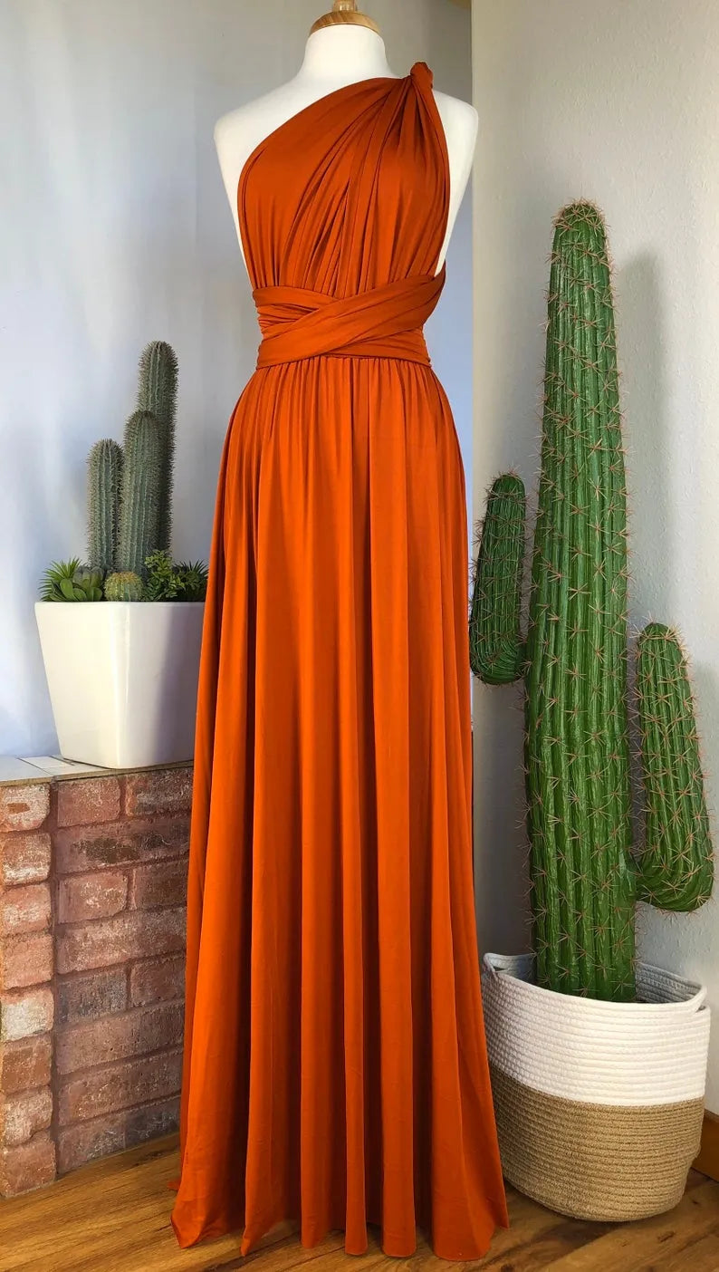 Orange Deep V-Neck Jersey A-Line Long Bridesmaid Dress