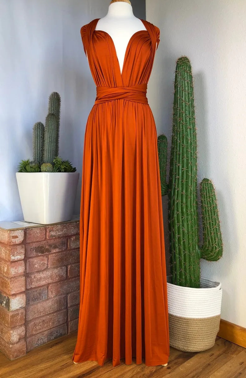 Orange Deep V-Neck Jersey A-Line Long Bridesmaid Dress