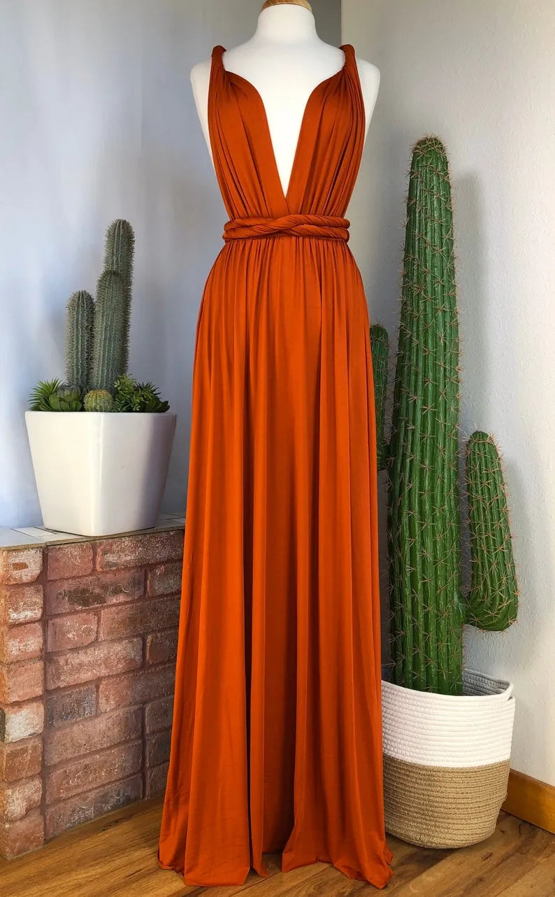 Orange Deep V-Neck Jersey A-Line Long Bridesmaid Dress