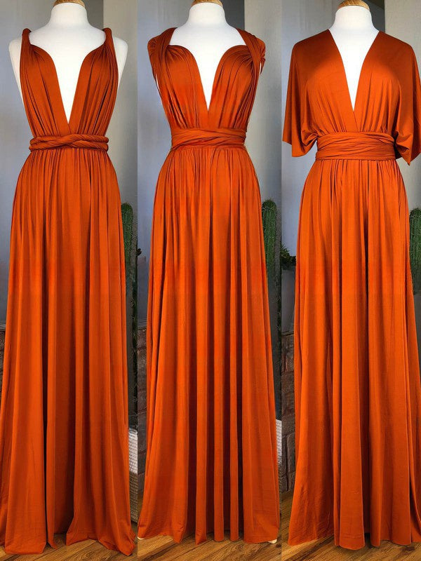 Orange Deep V-Neck Jersey A-Line Long Bridesmaid Dress