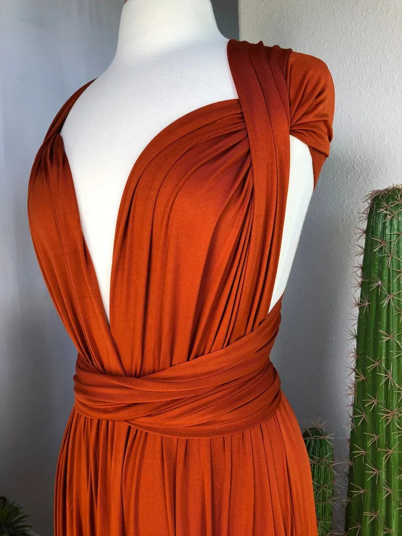 Orange Deep V-Neck Jersey A-Line Long Bridesmaid Dress Bodice Detail