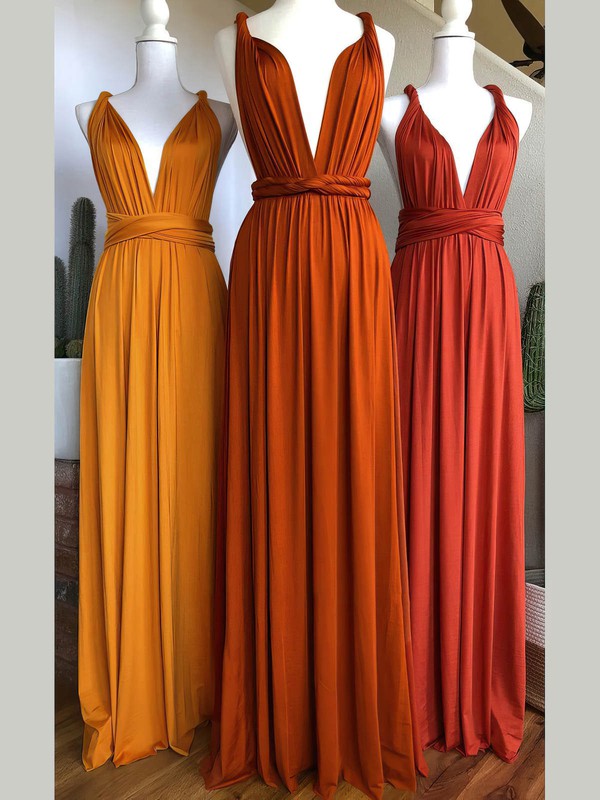 Orange Deep V-Neck Jersey A-Line Long Bridesmaid Dress