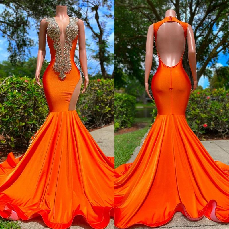 Orange Deep V-Neck Mermaid Long Prom Dress with Rhinestones