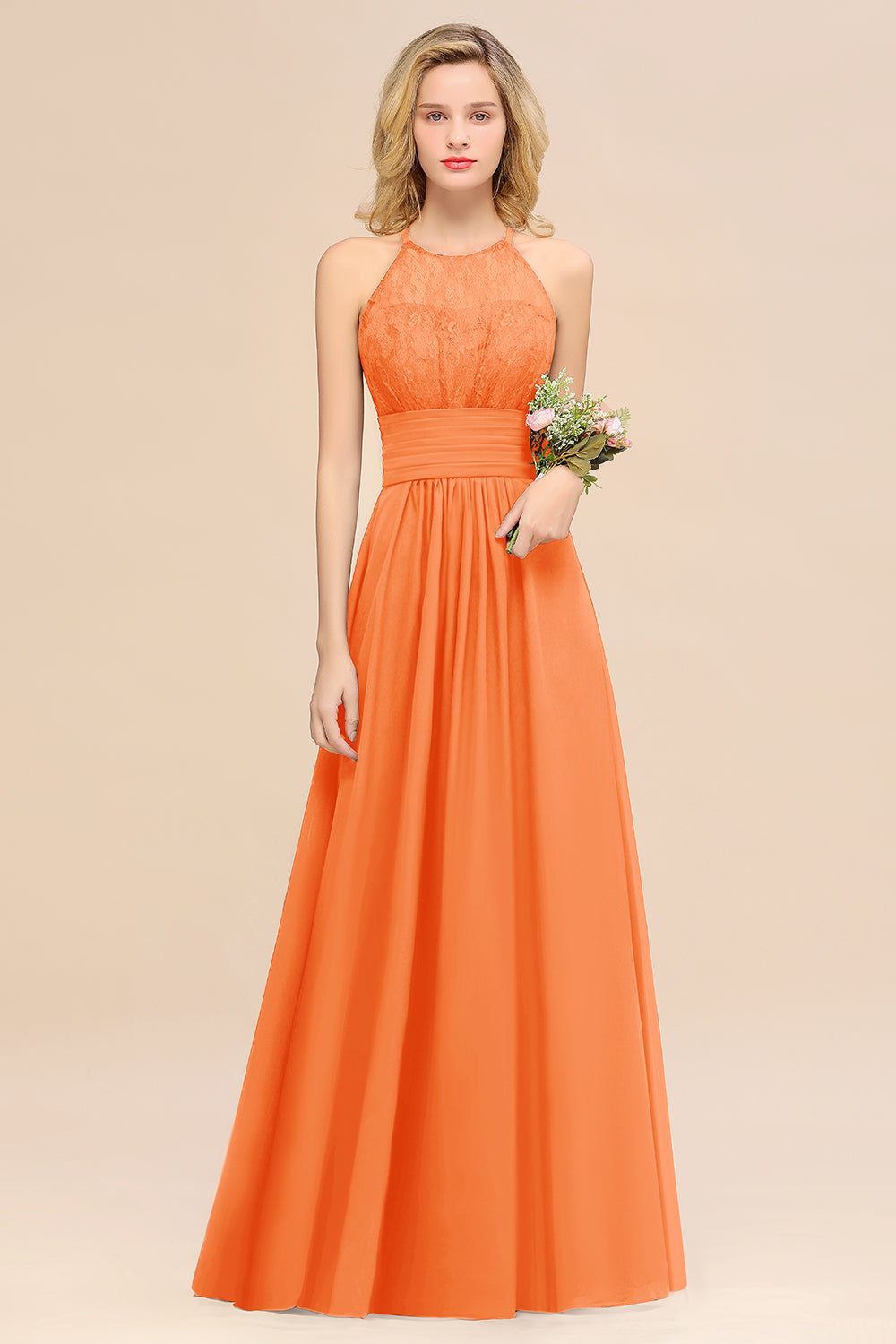 Orange Halter Chiffon A-Line Long Bridesmaid Dress