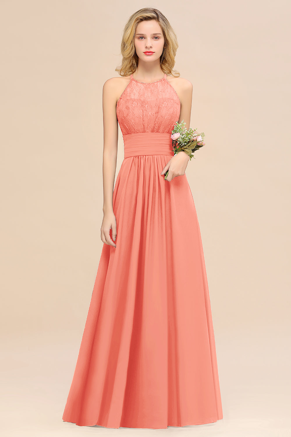 Orange Halter Chiffon A-Line Long Bridesmaid Dress