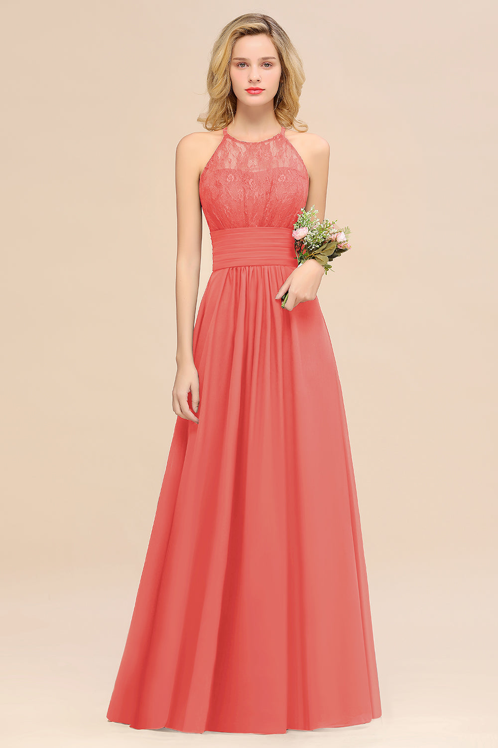 Orange Halter Chiffon A-Line Long Bridesmaid Dress