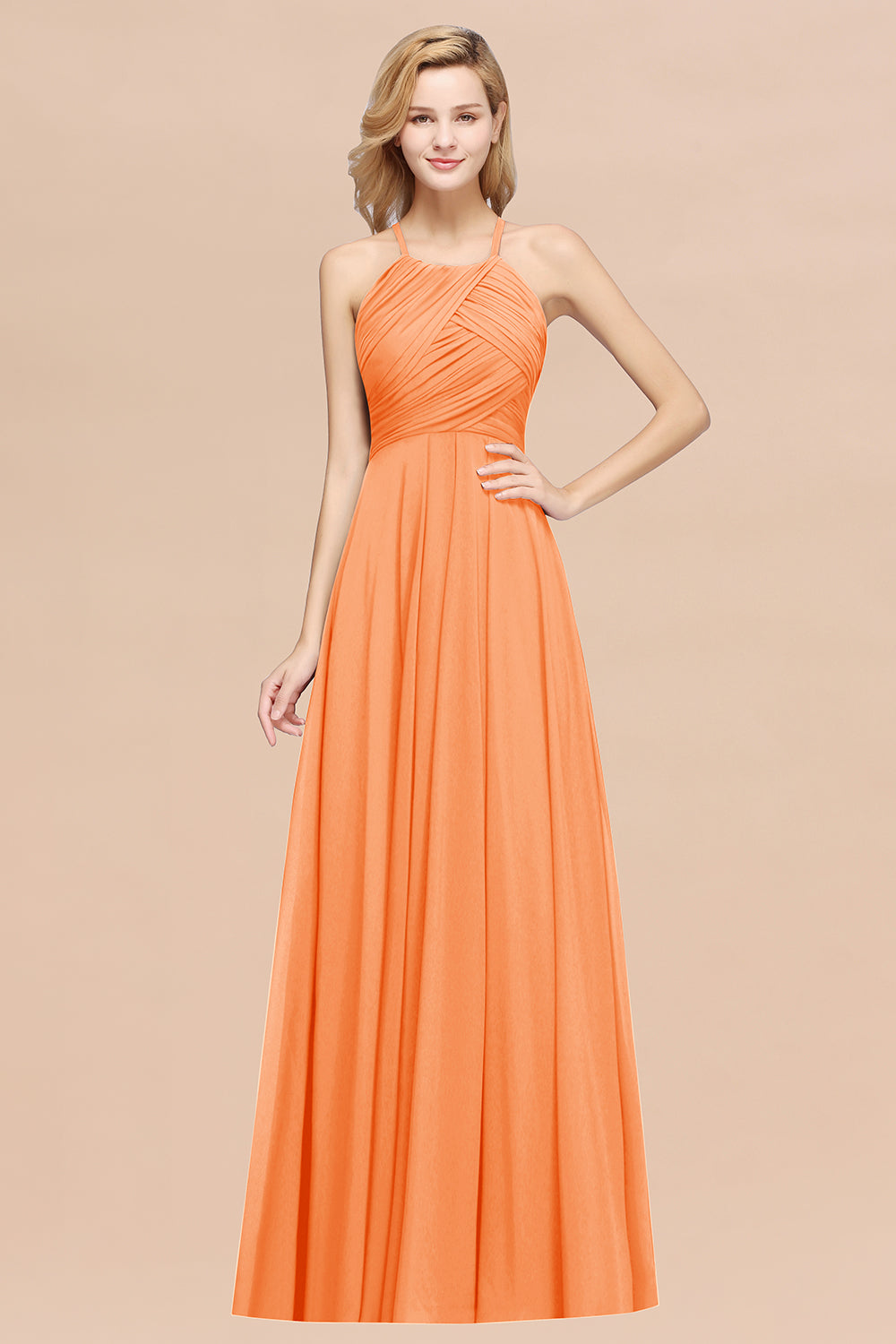 Orange Halter Chiffon A-Line Long Bridesmaid Dress with Ruching