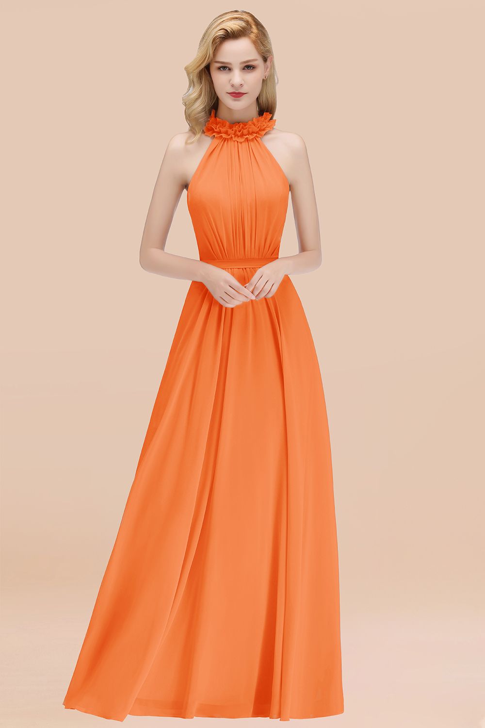 Orange High Neck Chiffon A-Line Long Bridesmaid Dress