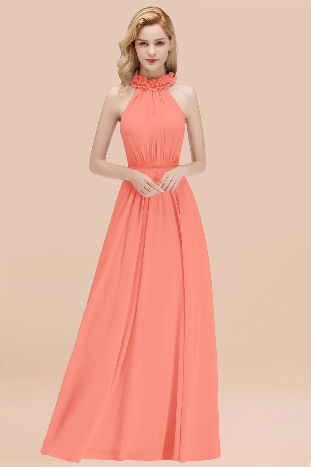 Orange High Neck Chiffon A-Line Long Bridesmaid Dress