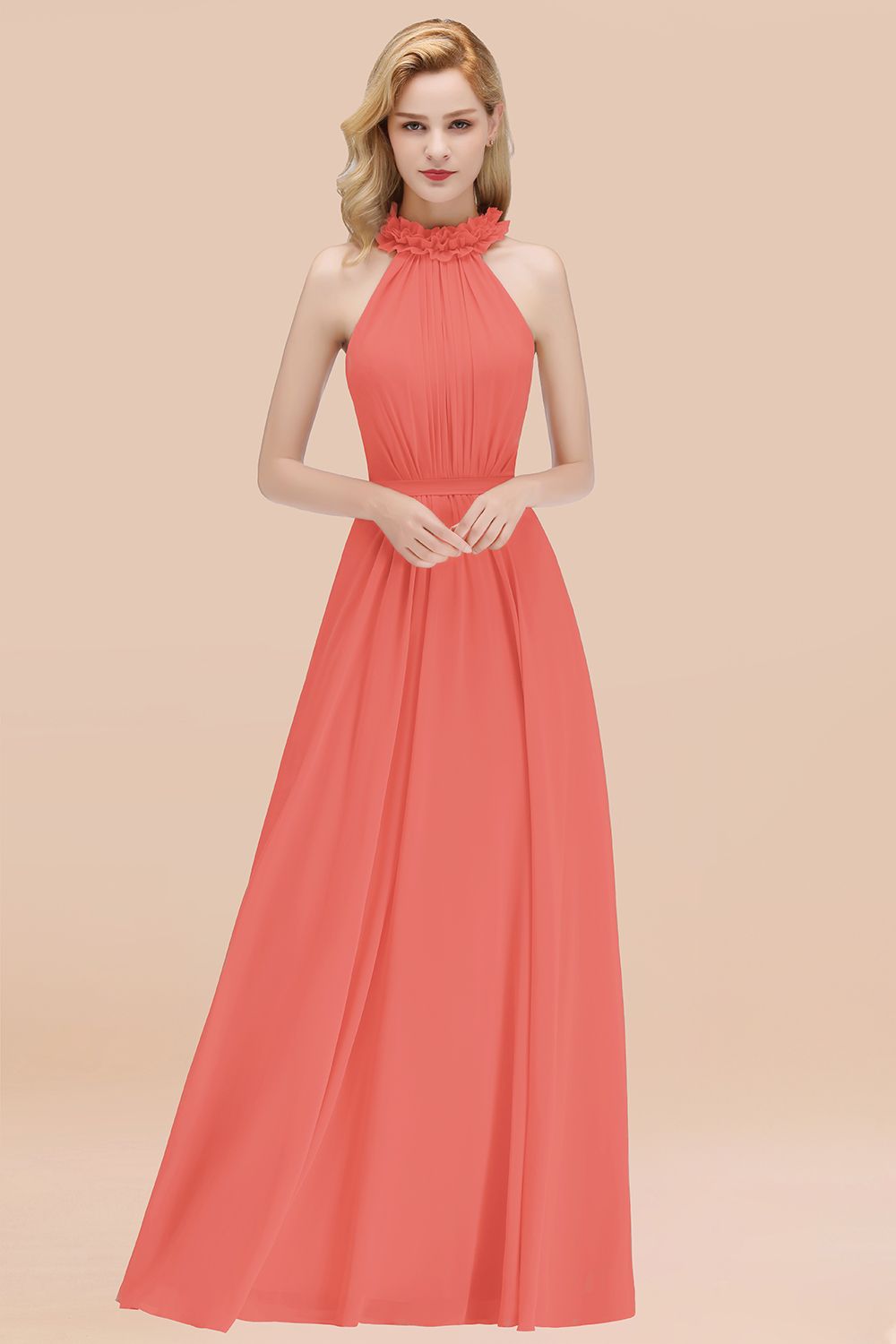 Orange High Neck Chiffon A-Line Long Bridesmaid Dress