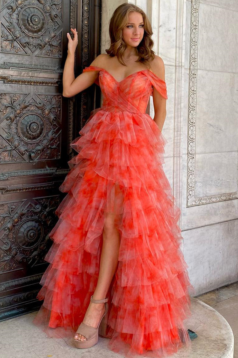 Orange Off The Shoulder Tulle A-Line Long Prom Dress with Slit