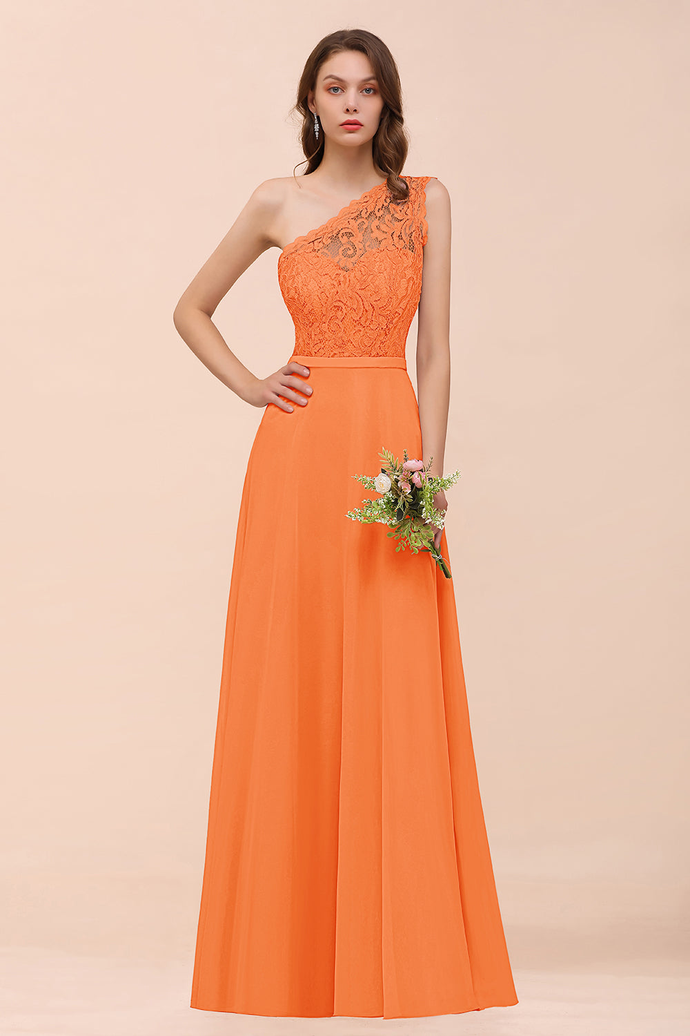 Orange One Shoulder Chiffon A-Line Long Bridesmaid Dress
