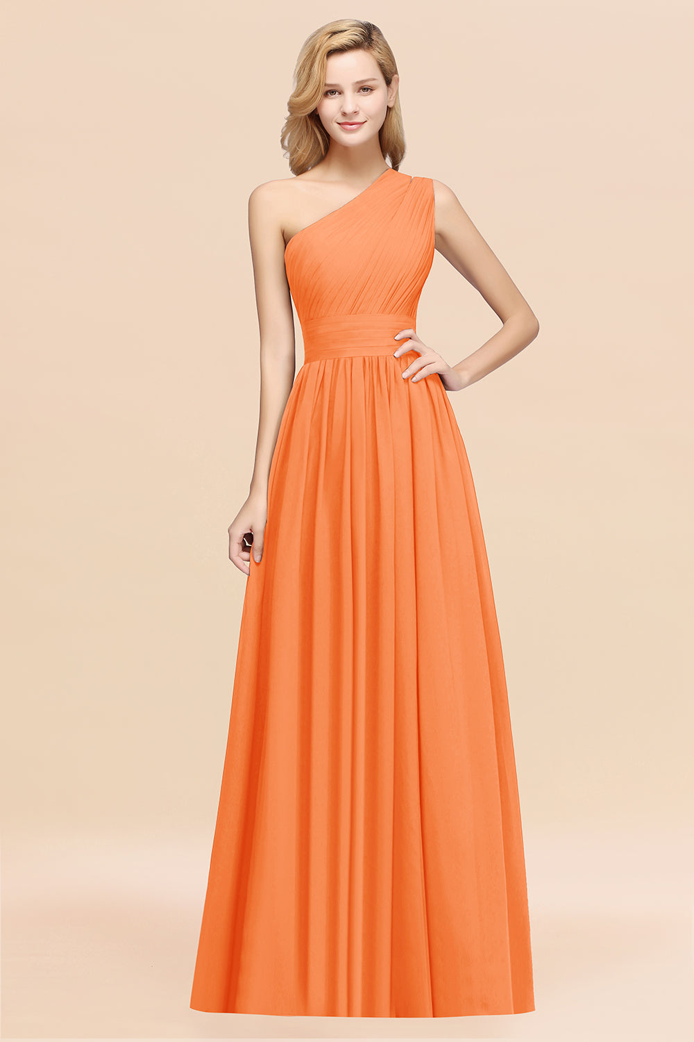 Orange One Shoulder Chiffon A-Line Long Bridesmaid Dress