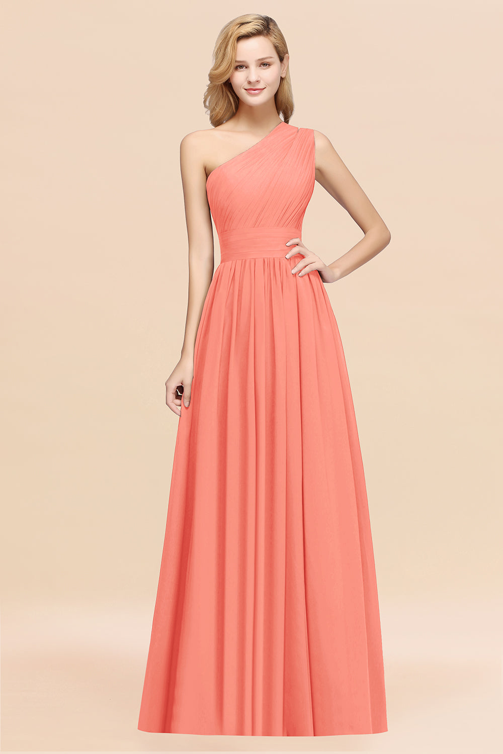 Orange One Shoulder Chiffon A-Line Long Bridesmaid Dress