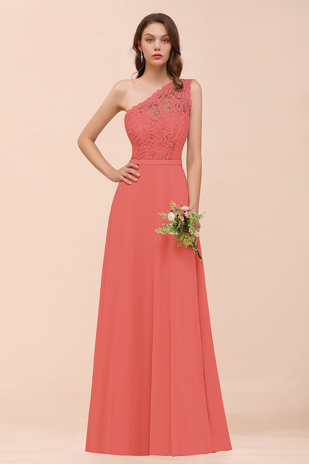 Orange One Shoulder Chiffon A-Line Long Bridesmaid Dress