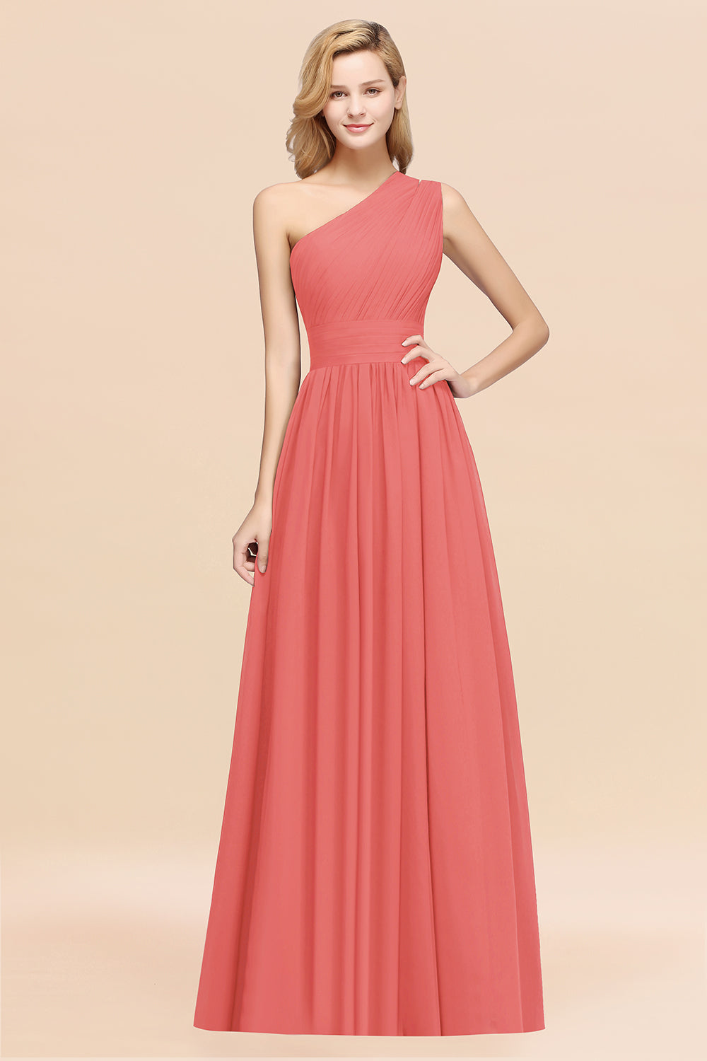 Orange One Shoulder Chiffon A-Line Long Bridesmaid Dress