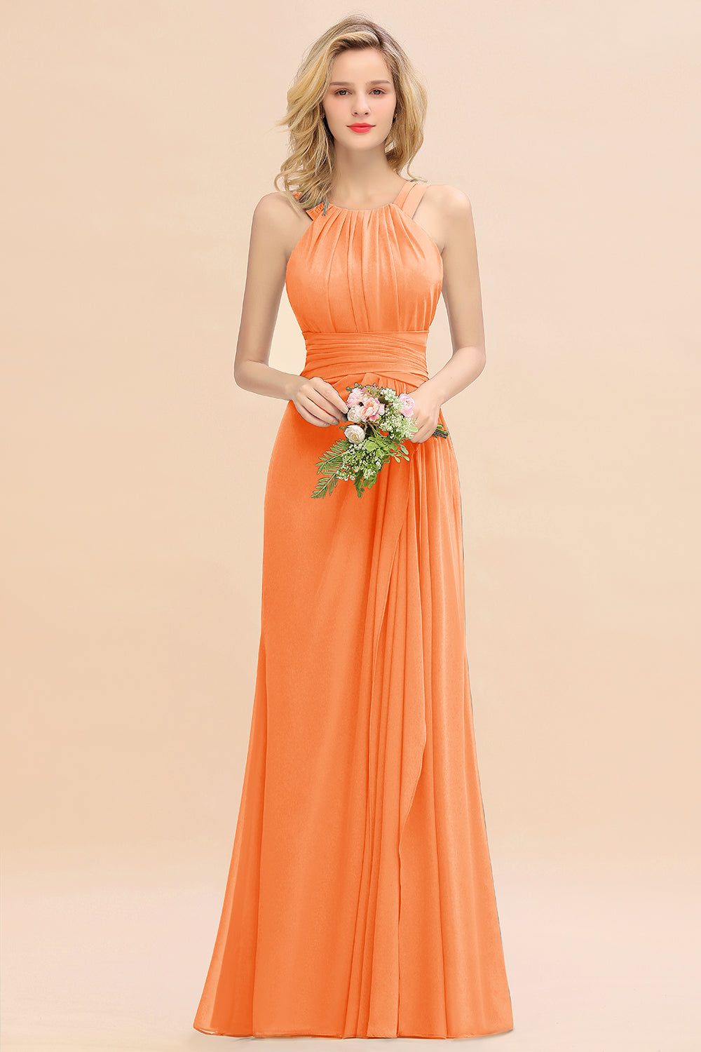 Orange Scoop Neck Chiffon A-Line Long Bridesmaid Dress