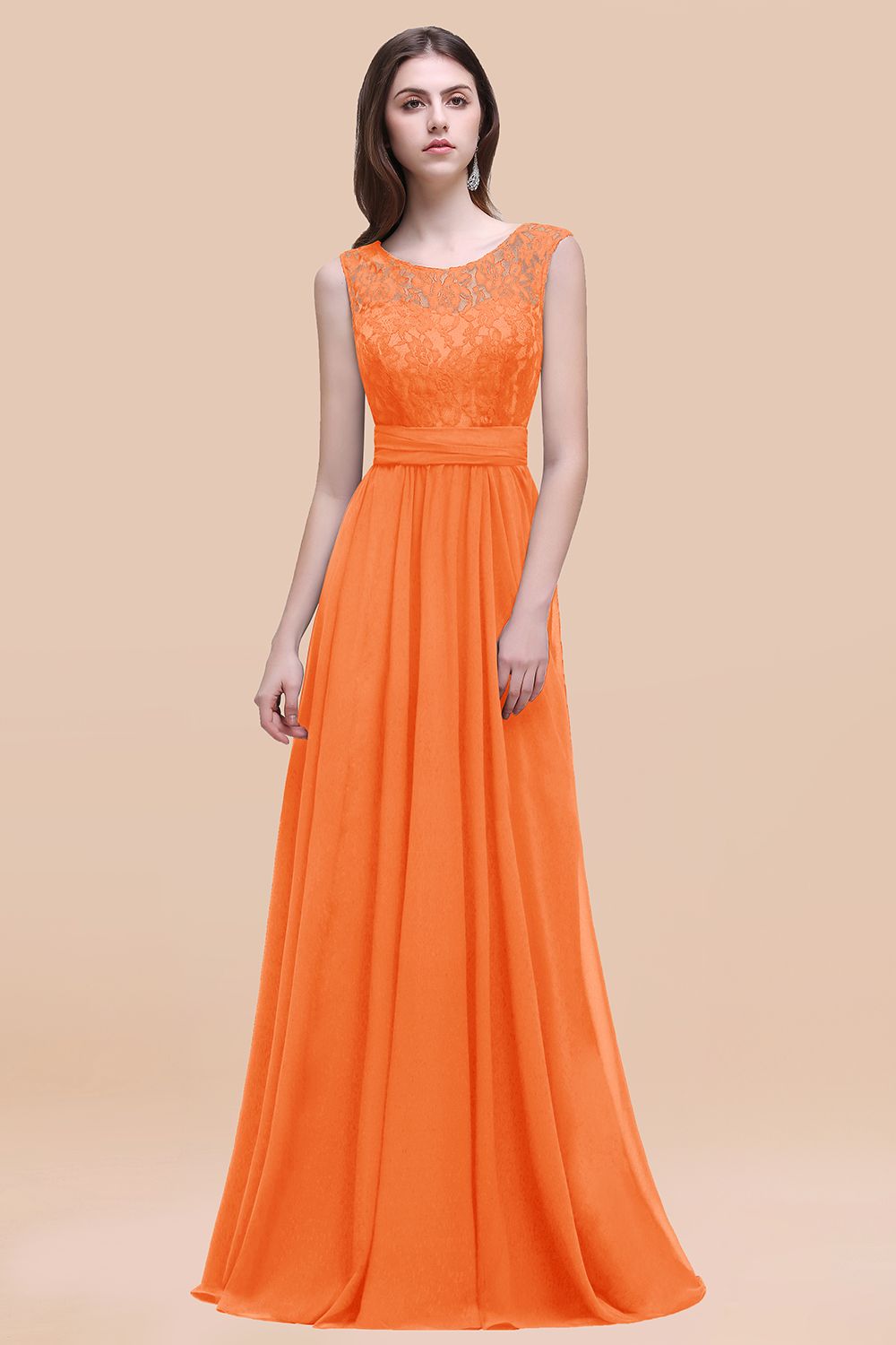 Orange Scoop Neck Chiffon A-Line Long Bridesmaid Dress