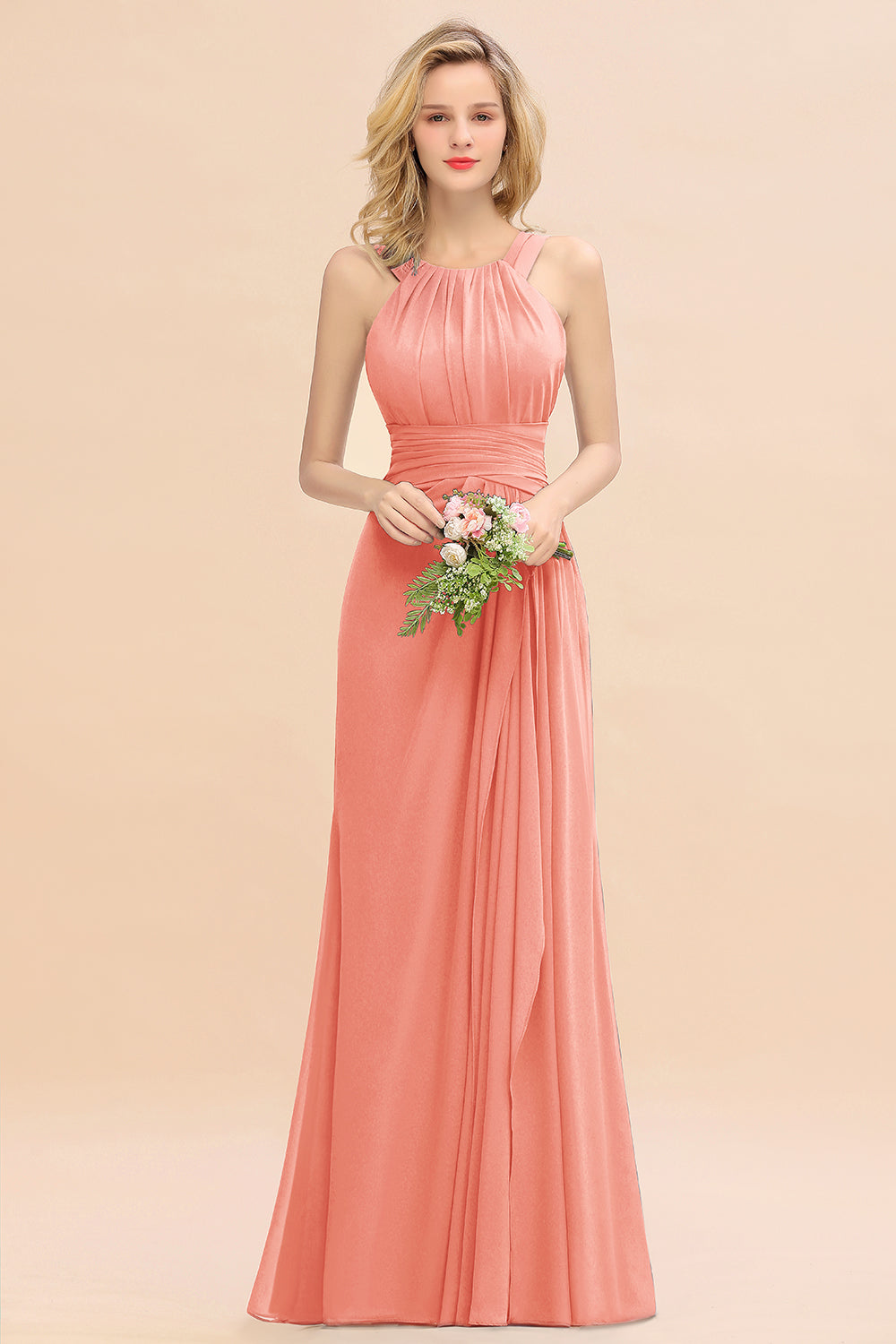 Orange Scoop Neck Chiffon A-Line Long Bridesmaid Dress