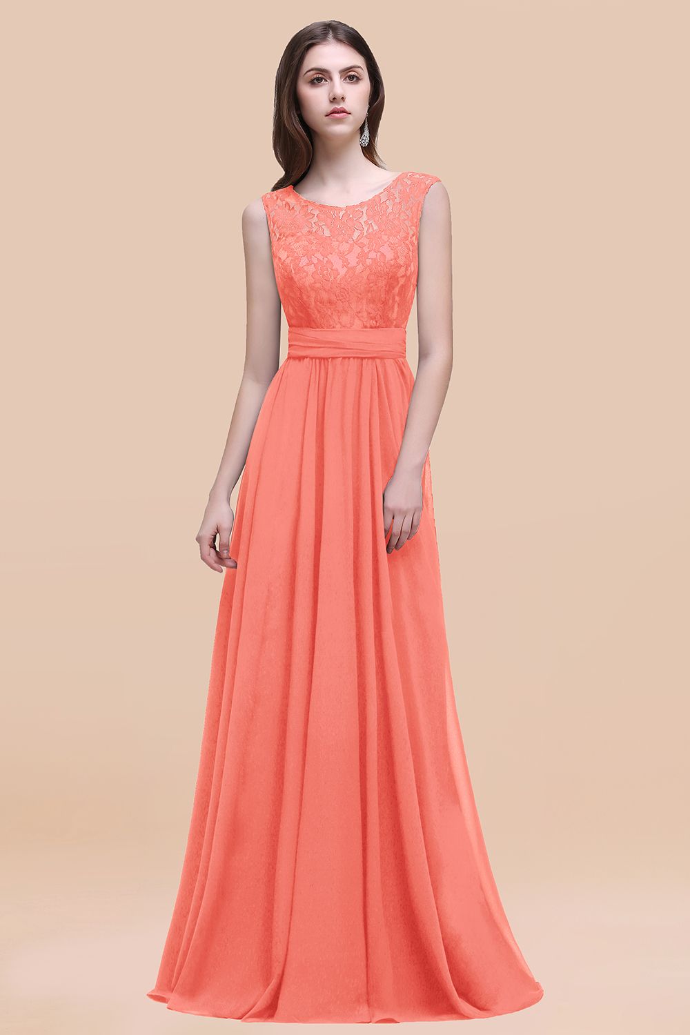 Orange Scoop Neck Chiffon A-Line Long Bridesmaid Dress