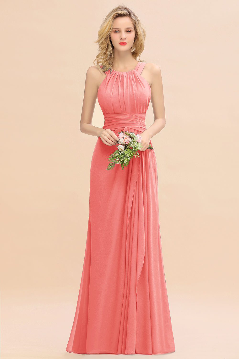 Orange Scoop Neck Chiffon A-Line Long Bridesmaid Dress