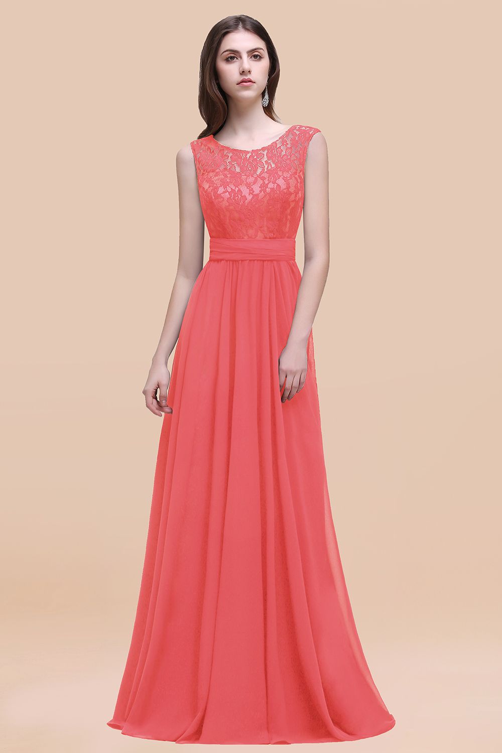 Orange Scoop Neck Chiffon A-Line Long Bridesmaid Dress
