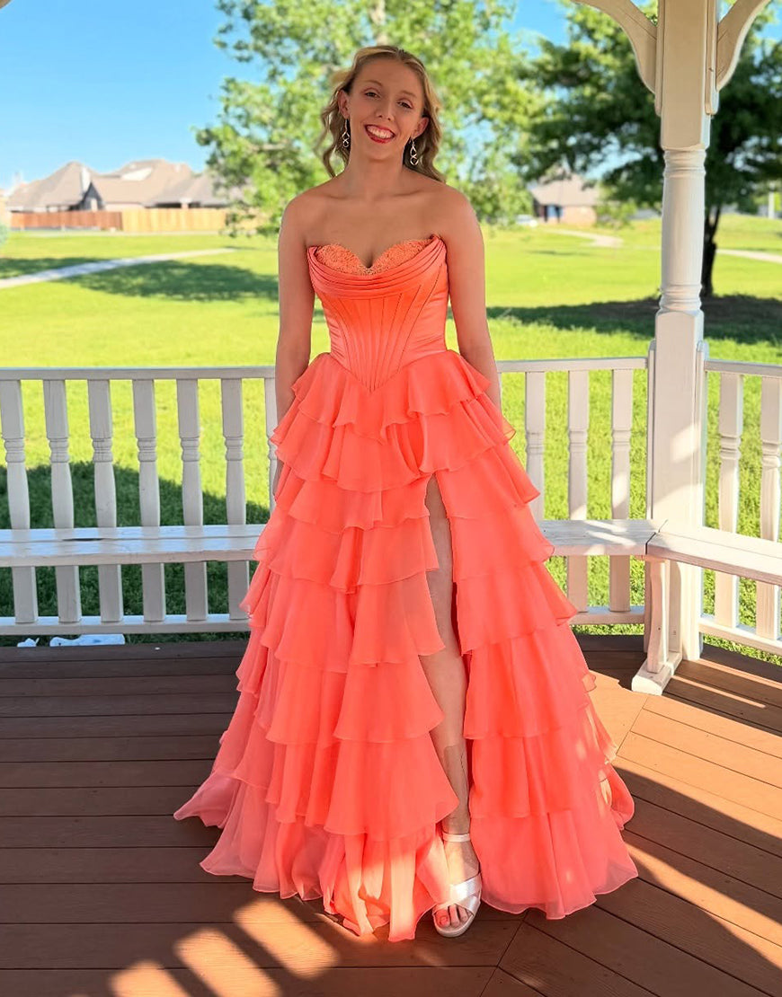 Orange Sweetheart A-Line Long Prom Dress with Slit