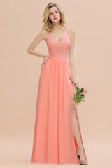 Orange Sweetheart Chiffon A-Line Long Bridesmaid Dress with Slit