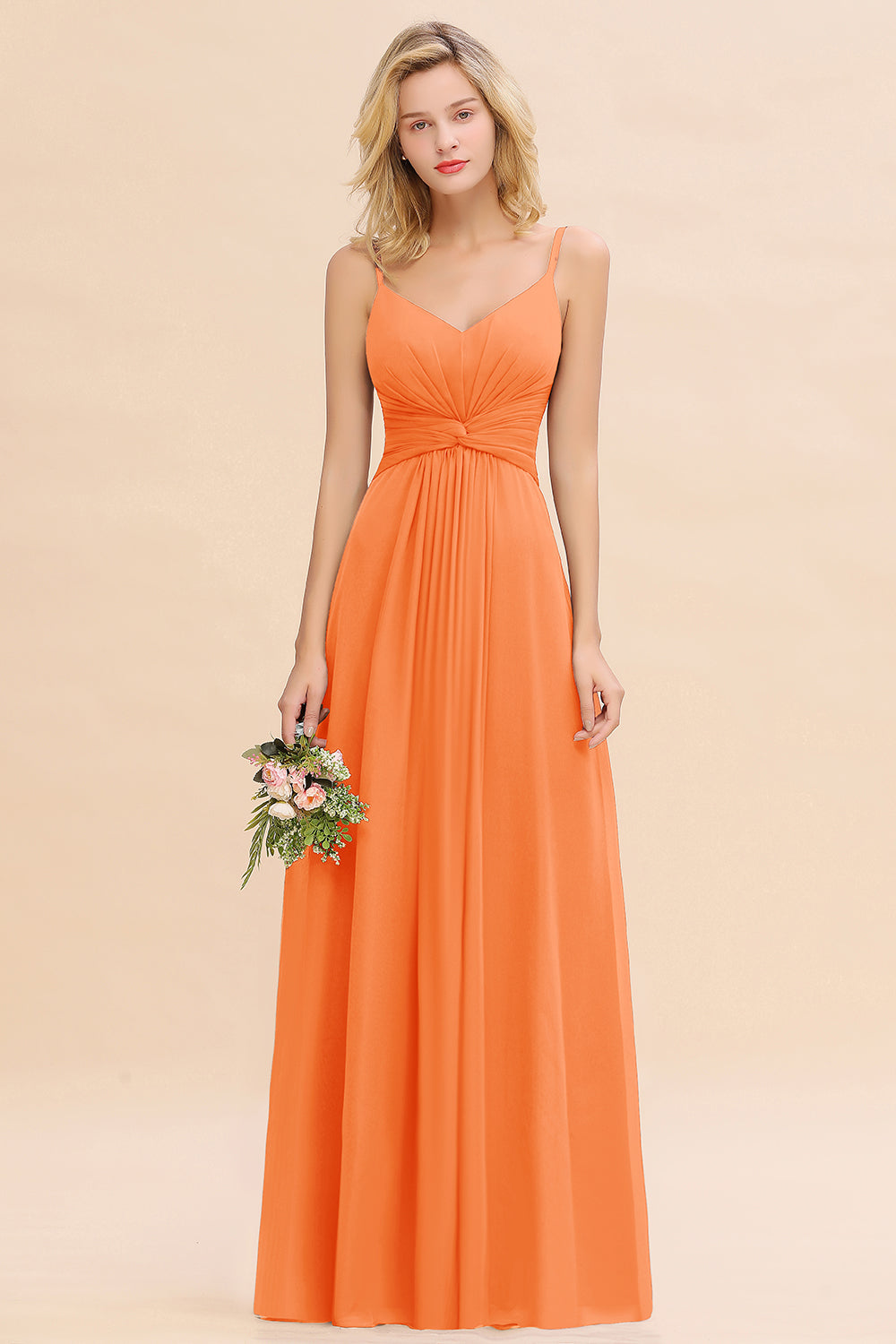 Orange V-Neck Chiffon A-Line Long Bridesmaid Dress with Ruching