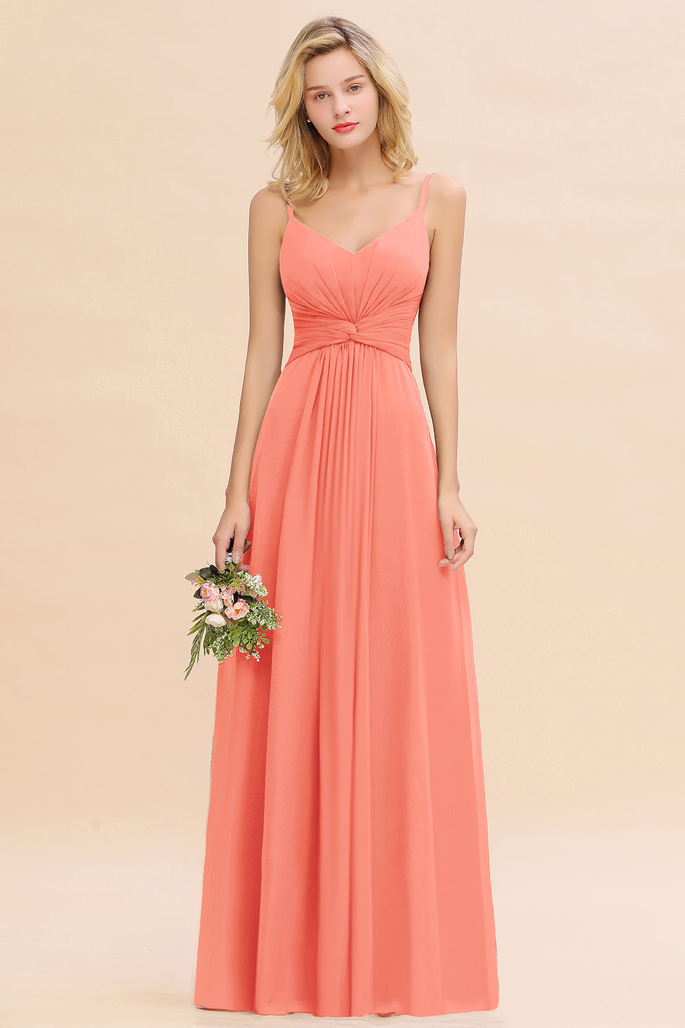 Orange V-Neck Chiffon A-Line Long Bridesmaid Dress with Ruching