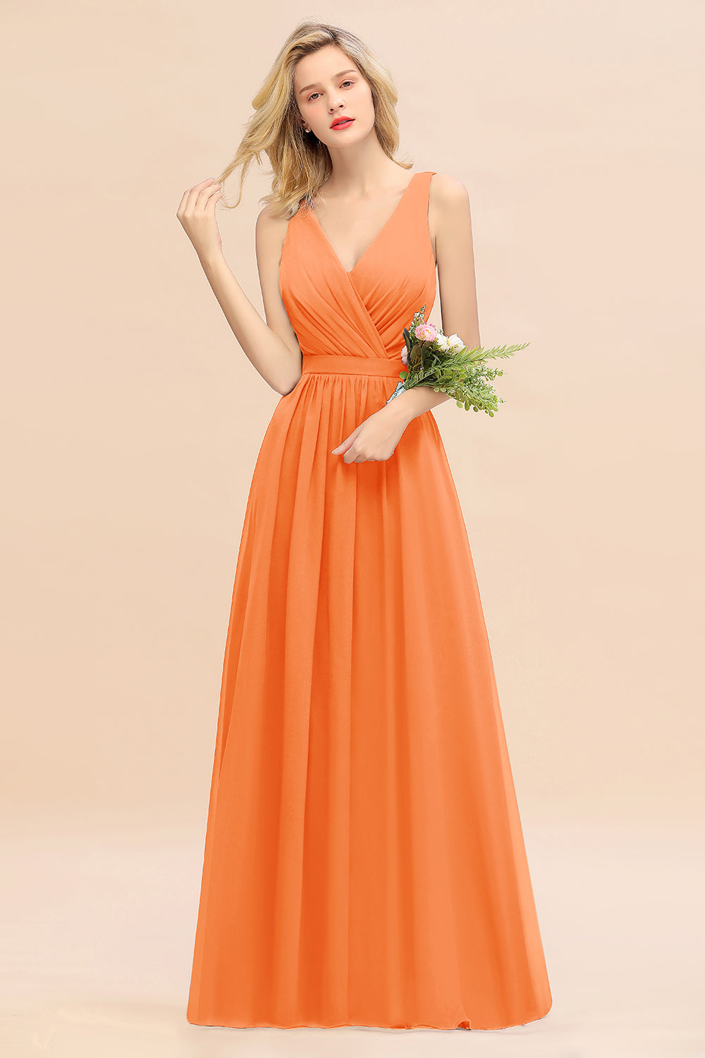 Orange V-Neck Chiffon A-Line Long Bridesmaid Dress with Ruching