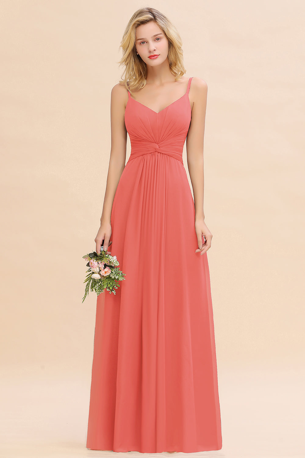 Orange V-Neck Chiffon A-Line Long Bridesmaid Dress with Ruching