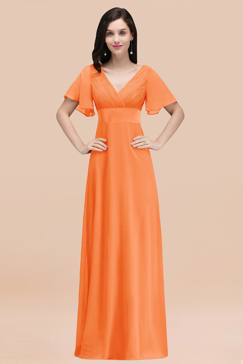 Orange V-Neck Chiffon Empire Long Bridesmaid Dress with Pleats