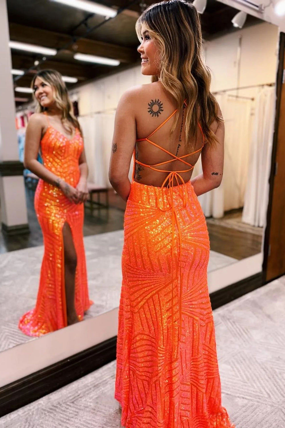 Orange V-Neck Sequin Sheath Long Prom Dress with Slit Back View