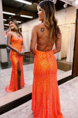 Orange V-Neck Sequin Sheath Long Prom Dress with Slit Back View