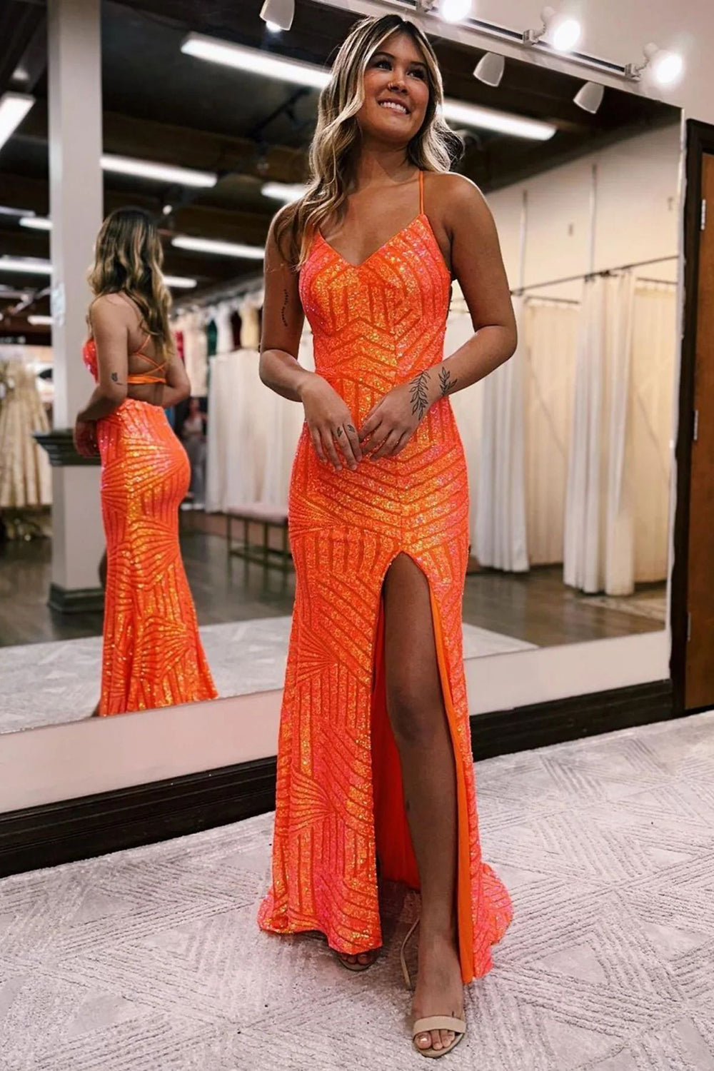 Orange V-Neck Sequin Sheath Long Prom Dress with Slit
