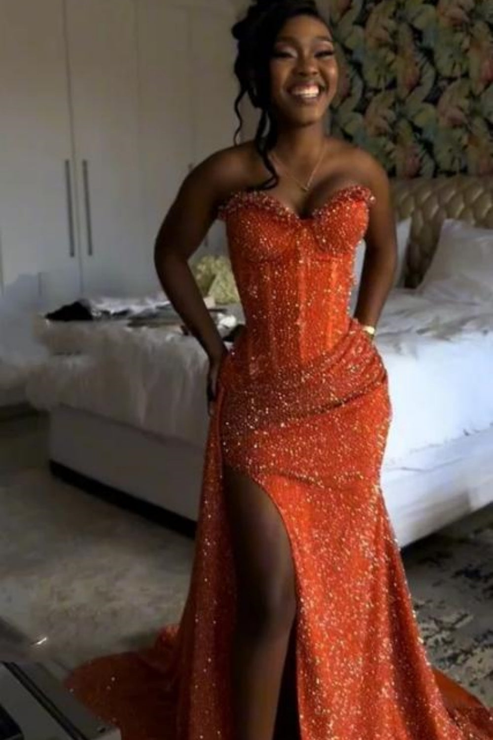 27Dress Orange Sweetheart Long Mermaid High-split Prom Dress with Drape