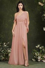 Pink Cowl Neck Chiffon A-Line Long Bridesmaid Dress with Slit
