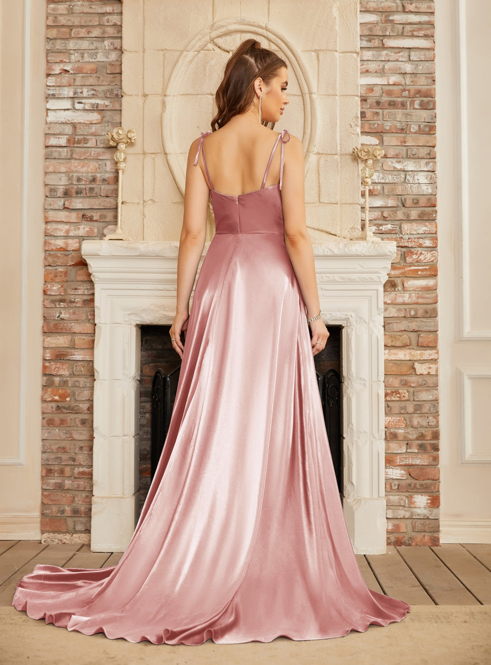 Pink Cowl Neck Satin A-Line Long Prom Dress with Bow Back View