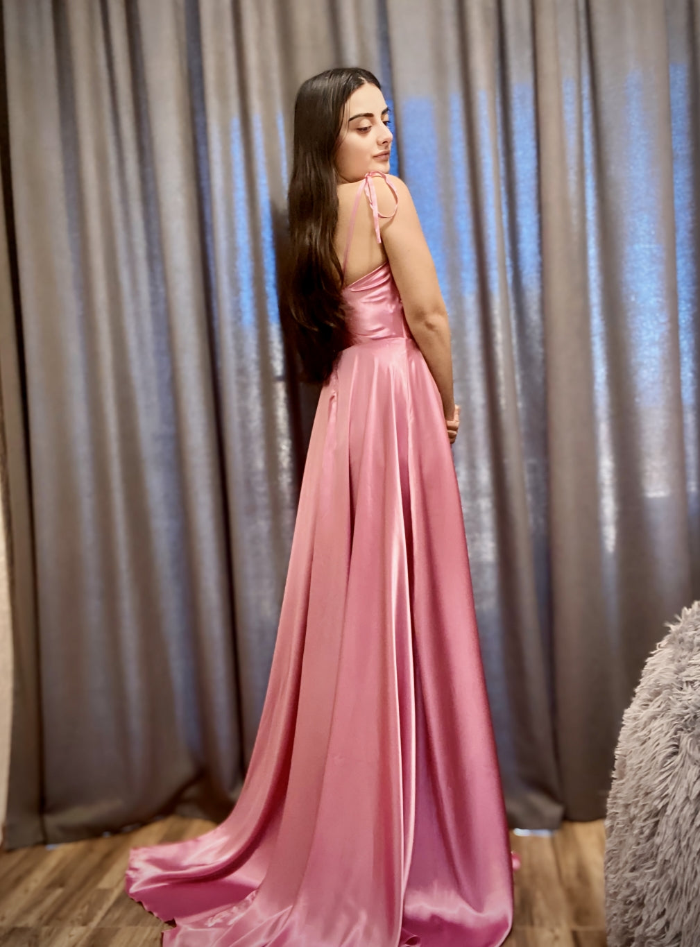 Pink Cowl Neck Satin A-Line Long Prom Dress with Bow Back View