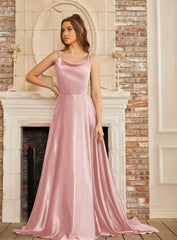 Pink Cowl Neck Satin A-Line Long Prom Dress with Bow