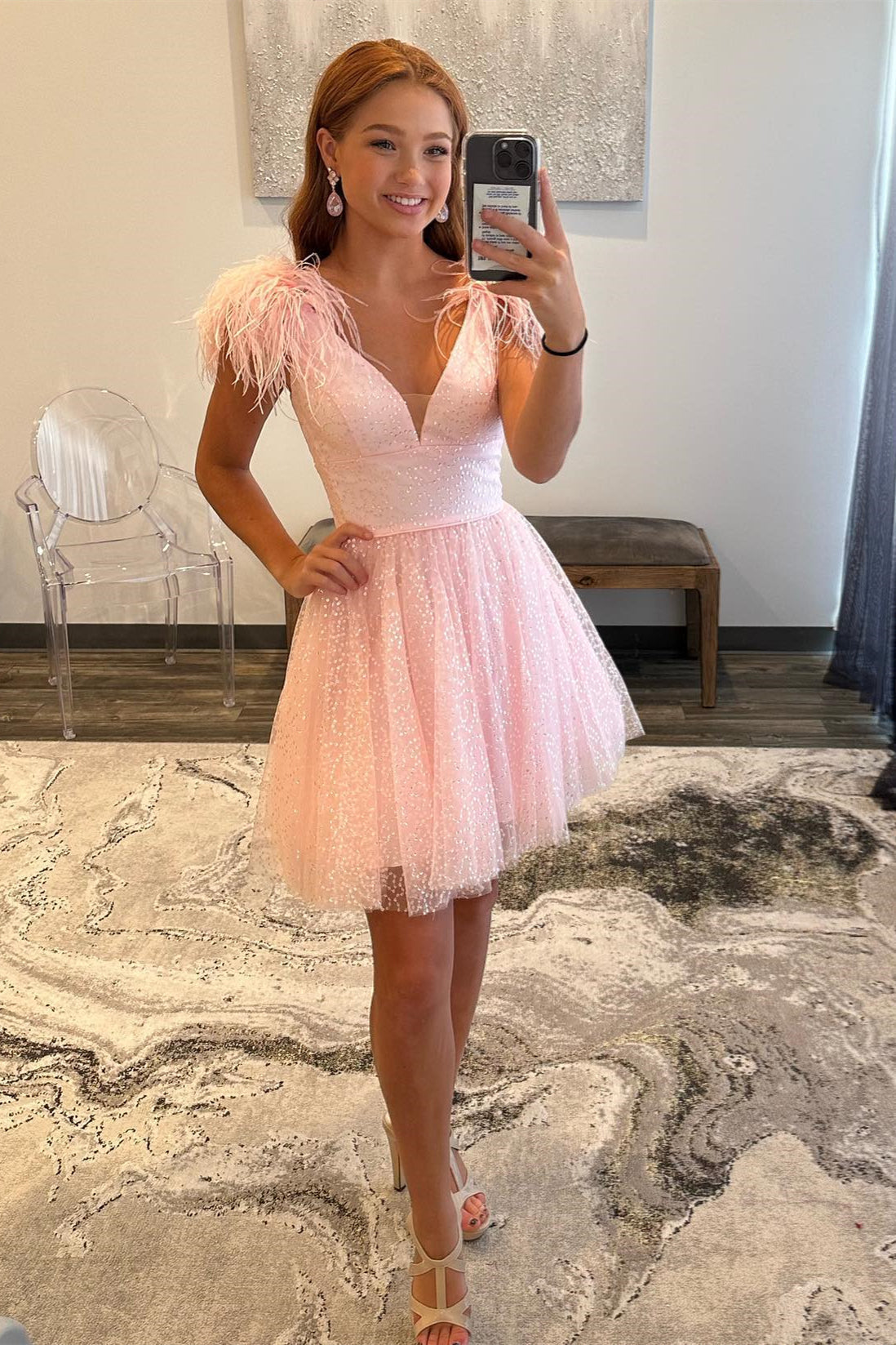 Pink Deep V-Neck Sequin A-Line Homecoming Dress with Feathers