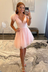 Pink Deep V-Neck Sequin A-Line Homecoming Dress with Feathers