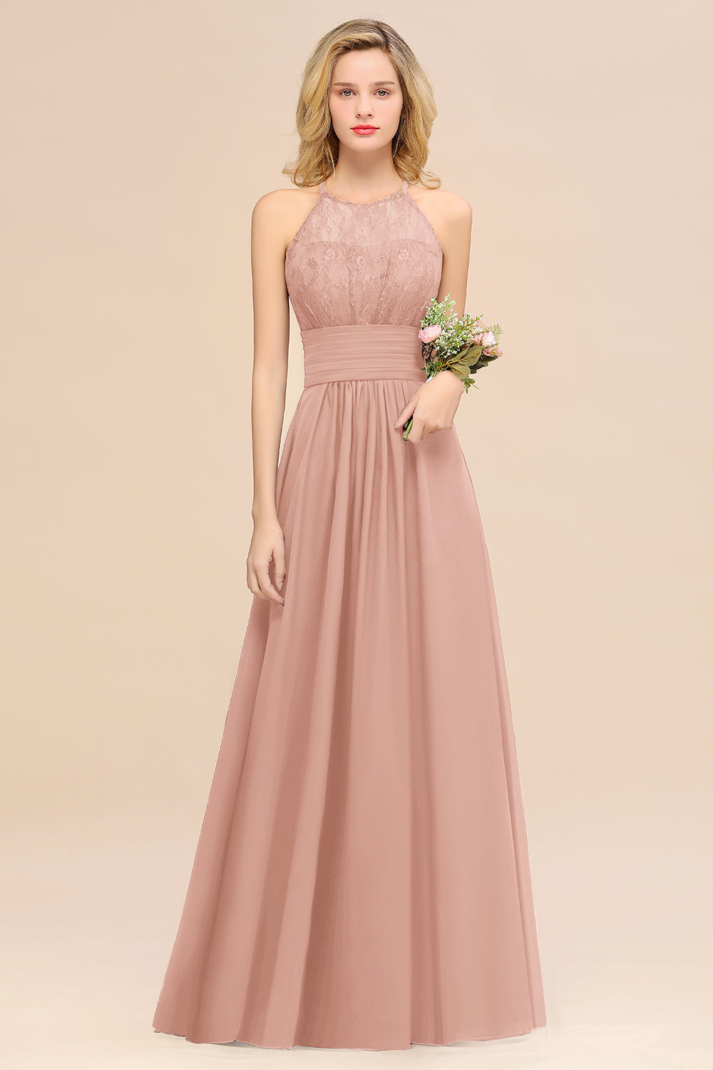 Pink Halter Chiffon A-Line Long Bridesmaid Dress