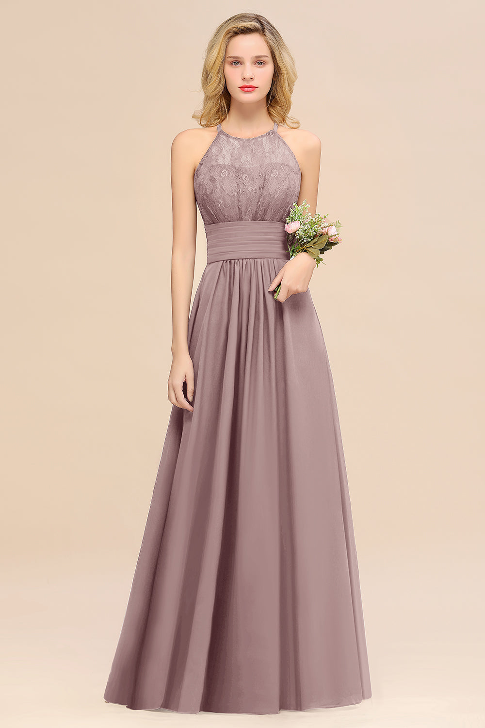 Pink Halter Chiffon A-Line Long Bridesmaid Dress
