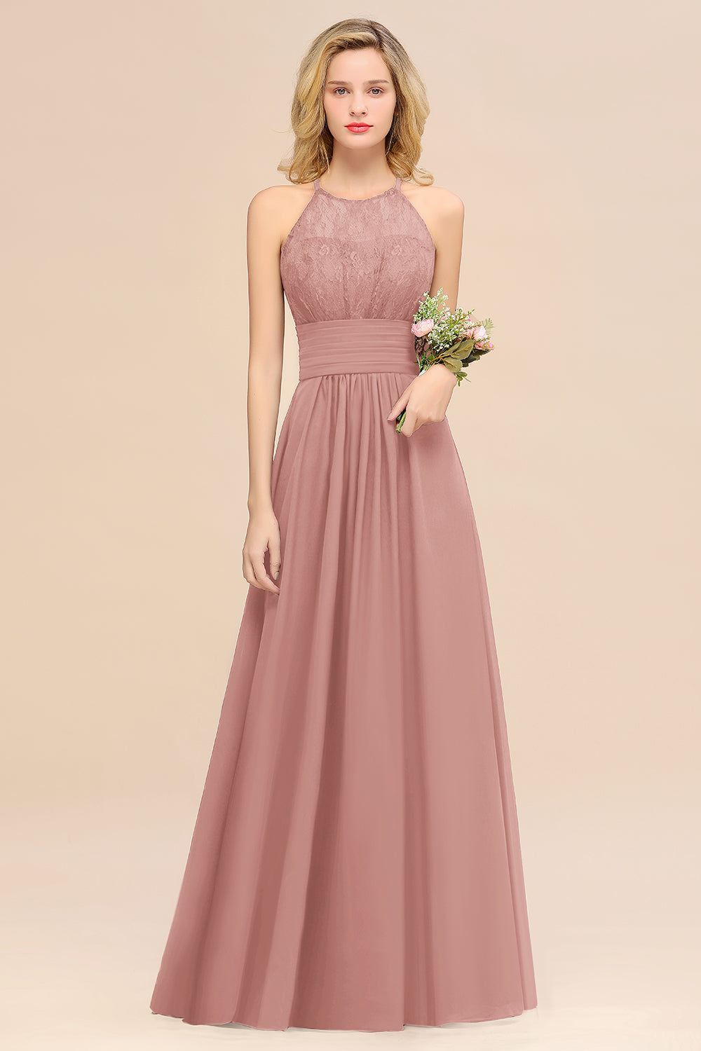 Pink Halter Chiffon A-Line Long Bridesmaid Dress