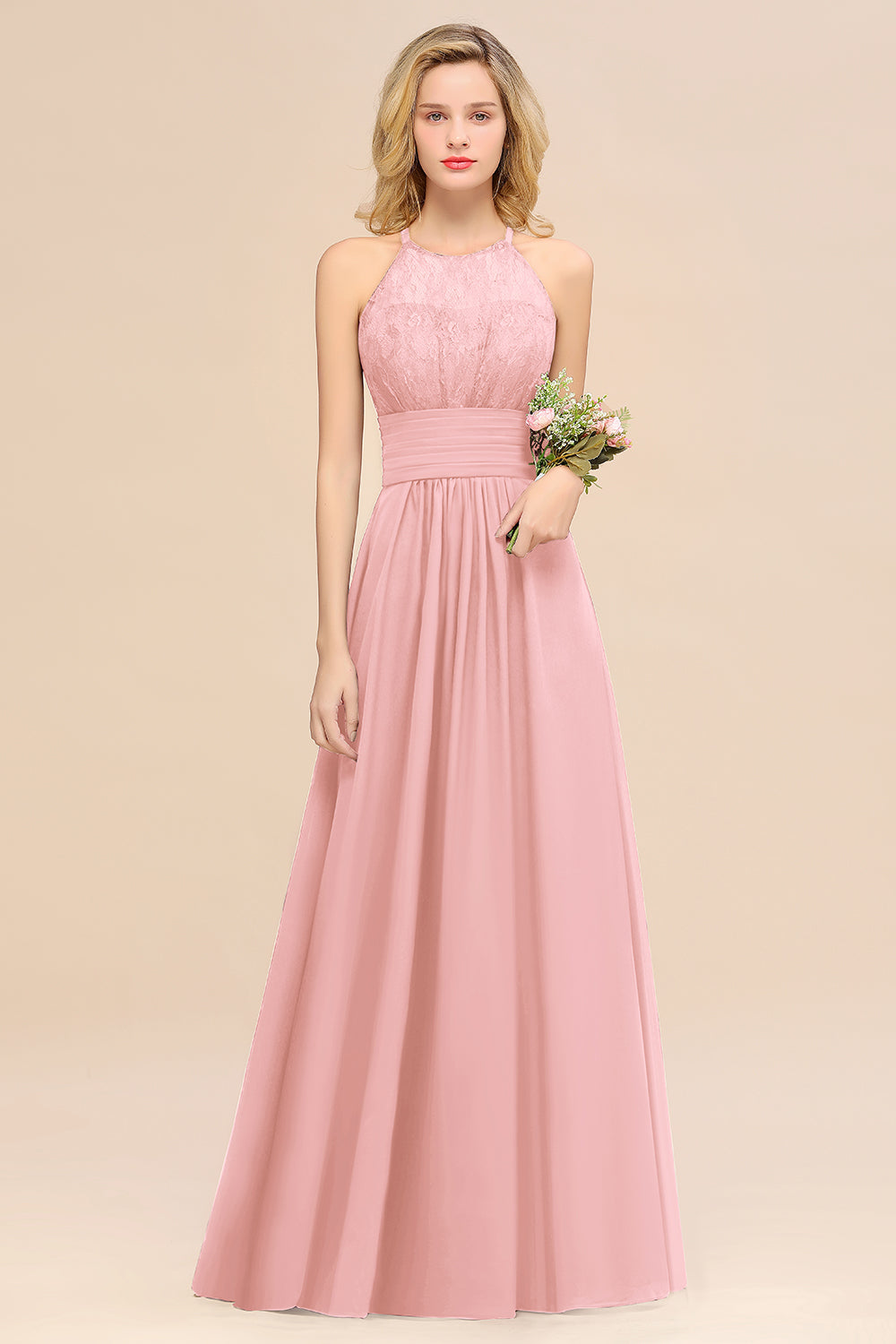 Pink Halter Chiffon A-Line Long Bridesmaid Dress