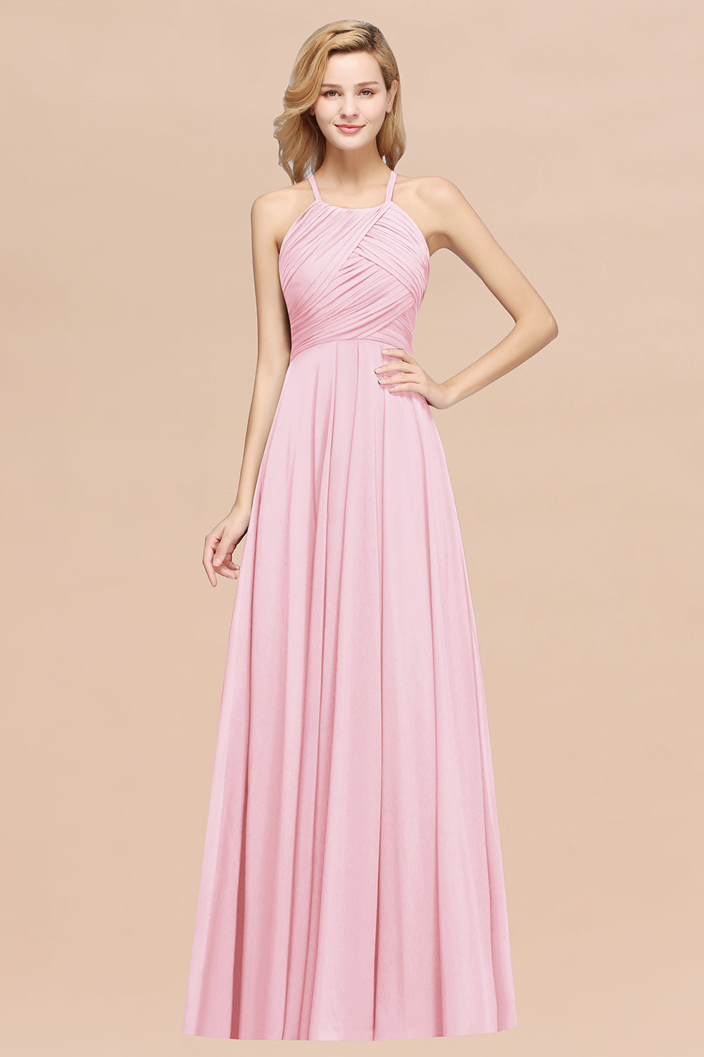 Pink Halter Chiffon A-Line Long Bridesmaid Dress with Ruching